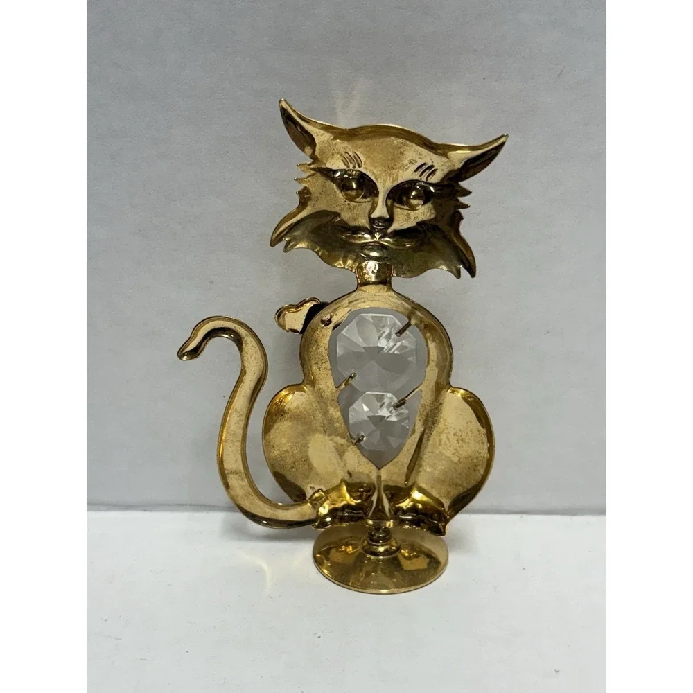 Cat Kitty 24 Gold Plated Austrian Crystal Figurine Mascot USA Pink Eyes ‎ 4 in